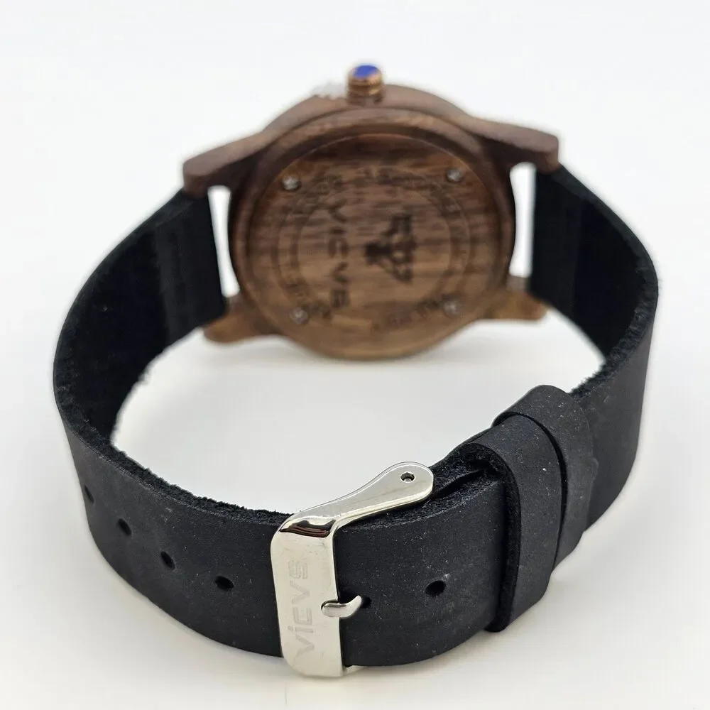 VICVS‎ Men's Wood Watch 40MM Black Dial Black Leather Bands New Battery